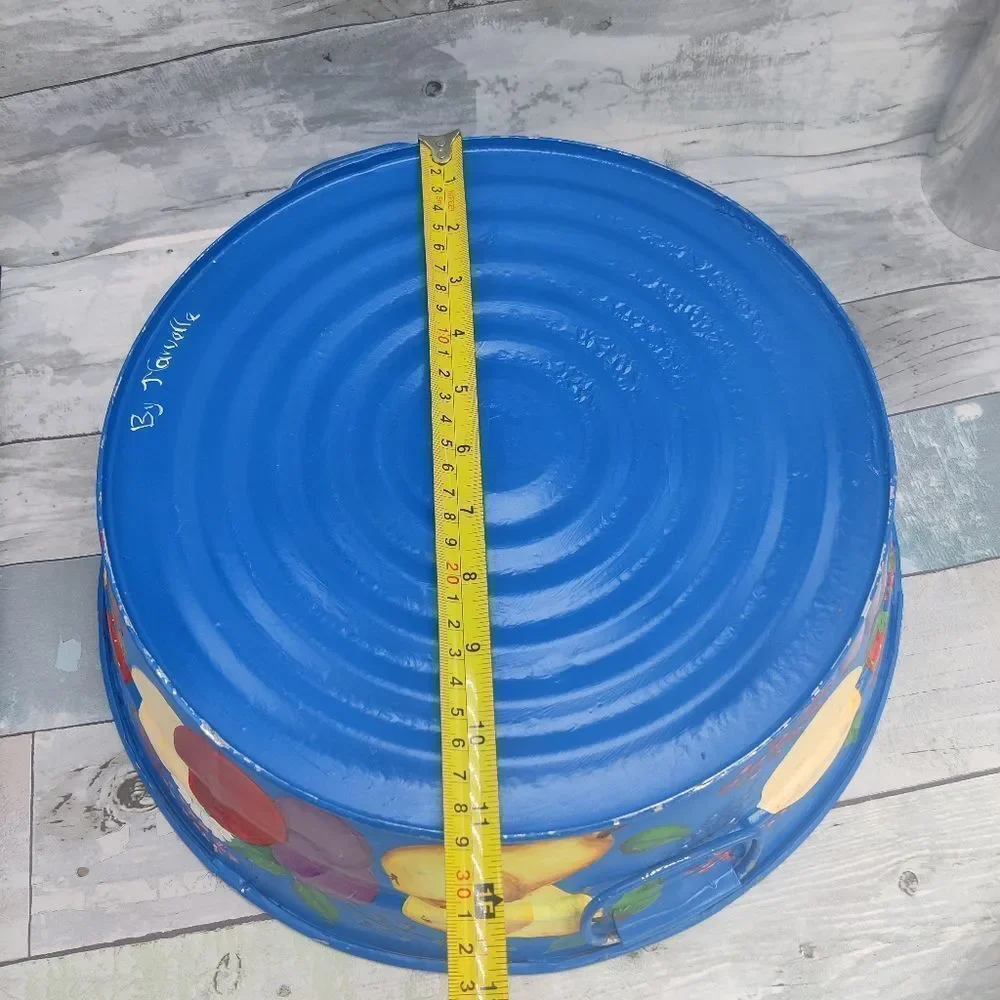 VINTAGE HAND Painted Galvanized Metal Tub Colorful Fruits on Blue